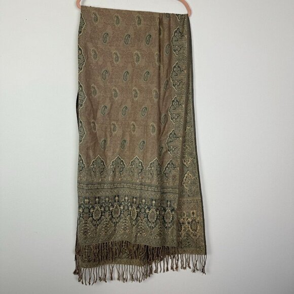Green Tan Paisley Fringe Rectangle Scarf Multi Color Floral Bohemian 78” X 27” - Picture 5 of 5